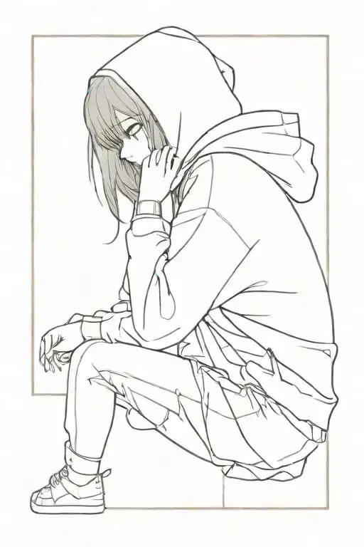 sad anime girl wearing a hoodie sitting alone tattoo design idea