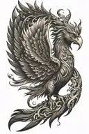 generate a tattoo that has a phoenix bird rising from a fire on the deltoid a person. The wings would morph into the sid tattoo design idea