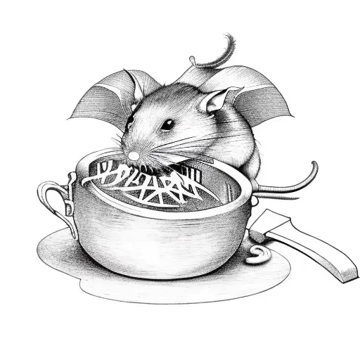 A surrealistic scene of a rat cooking in a cauldron with gothic elements tattoo design idea