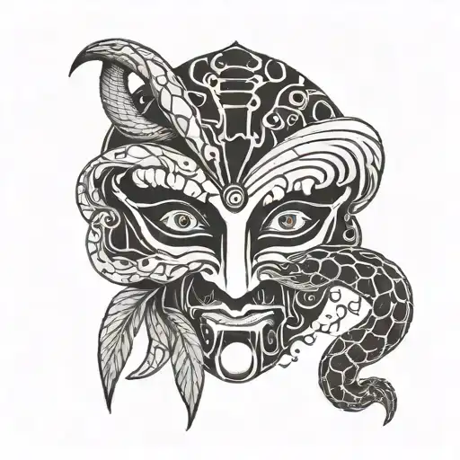 Pulcinella mask with a crack in the centre, left eye with a snake's iris and right eye made of lava tattoo design idea