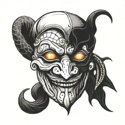Pulcinella mask with a crack in the centre, left eye with a snake's iris and right eye made of lava tattoo design idea