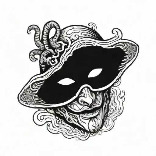 Pulcinella mask with a crack in the centre, left eye with a snake's iris and right eye made of lava tattoo design idea