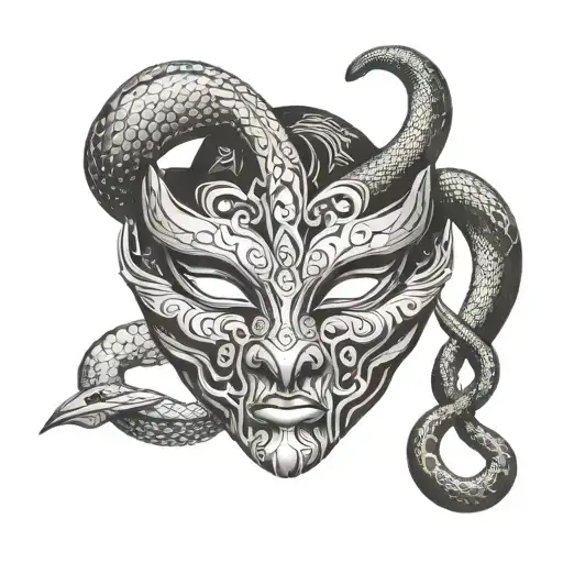 Punchinello mask with a crack in the centre, left eye with a snake's iris and right eye made of lava tattoo design idea