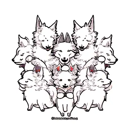 Six wolfes on left chest, two bigger wolfs representing mom and dad, four smaller wolfs representing child, tattoo design idea