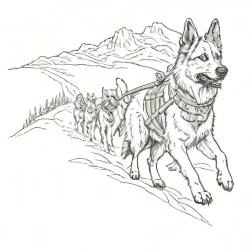 A sketch tattoo of a German shepherd Great Pyrenees mix dog leading a group of soldiers through a mountainous terrain tattoo design idea