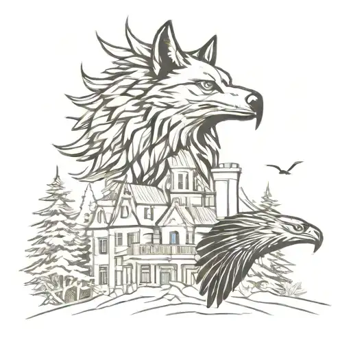 wolf head, eagle flying, mansion backround forest tattoo design idea