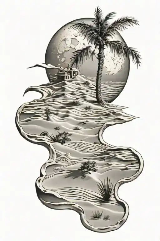 middle east sand dunes with moon and oasis tattoo design idea