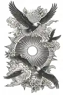 sun rays beaming through dark clouds with birds flying tattoo design idea