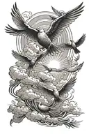 sun rays beaming through dark clouds with birds flying tattoo design idea