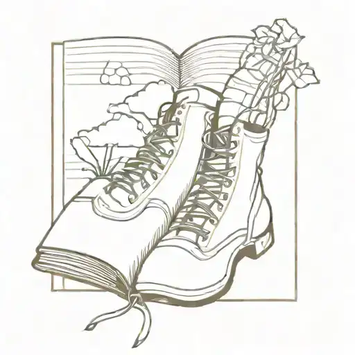 A tattoo design featuring an open book with intricate details and a trail of hiking boots winding through the pages tattoo design idea