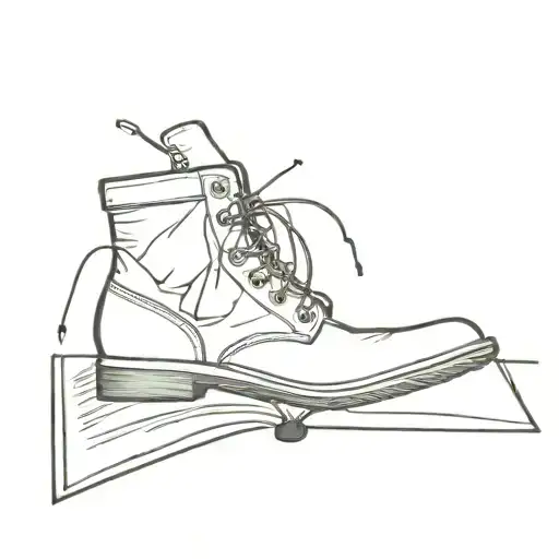 A tattoo design featuring an open book with intricate details and a trail of hiking boots winding through the pages tattoo design idea
