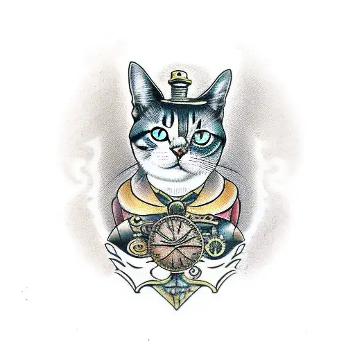 steampunk cat tattoo design idea