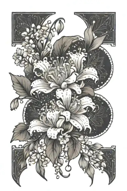 Dainty Carnations flowers intertwined with lily of the valley flowers ,half moon mandala with stars, dot work, dangles  tattoo design idea