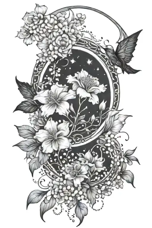 Dainty Carnations intertwined with lily of the valley flowers ,half moon mandala with stars, dot work, dangles  tattoo design idea