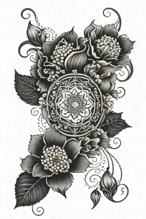 Dainty Carnations flowers intertwined with lily of the valley flowers ,half moon mandala with stars, dot work, dangles  tattoo design idea