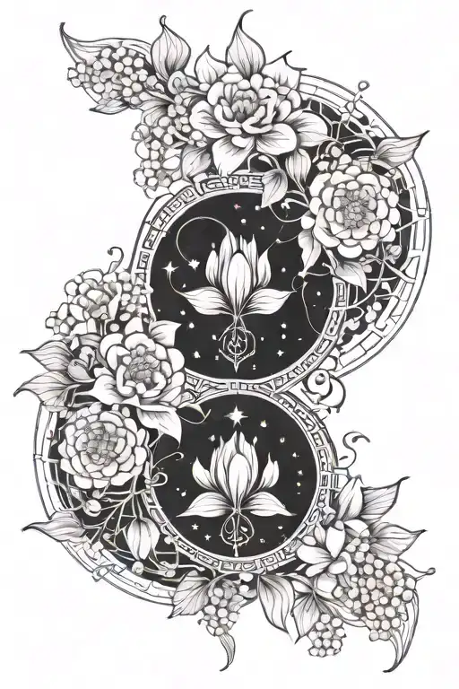 Dainty Carnations intertwined with lily of the valley flowers ,half moon mandala with stars, dot work, dangles  tattoo design idea
