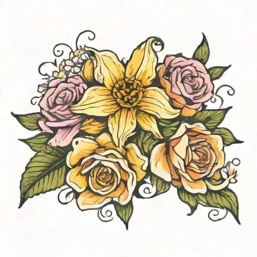 daffodil, daisy, and rose arm band tattoo design idea