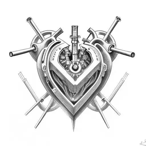 Human heart with engine pistons and wings coming out on both sides and Names Cloé and Alex  tattoo design idea