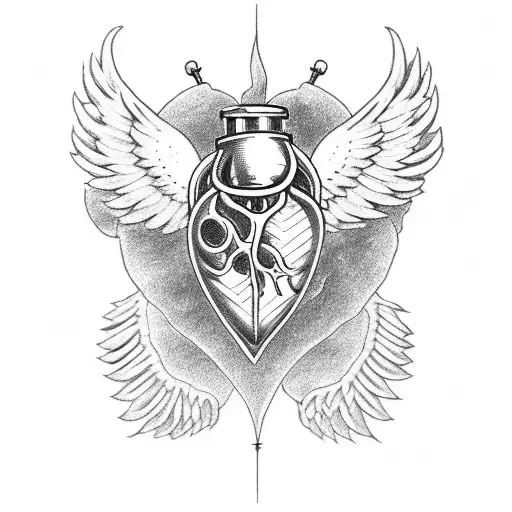 Human heart with engine pistons and wings coming out on both sides and Names Cloé and Alex  tattoo design idea