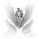 Human heart with engine pistons and wings coming out on both sides and Names Cloé and Alex  tattoo design idea