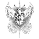 Human heart with engine pistons and wings coming out on both sides and Names Cloé and Alex  tattoo design idea