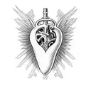 Human heart with engine pistons and wings coming out on both sides and Names Cloé and Alex  tattoo design idea