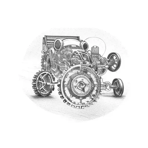 A wooden sprint car with gears and circuitry incorporated into the design tattoo design idea