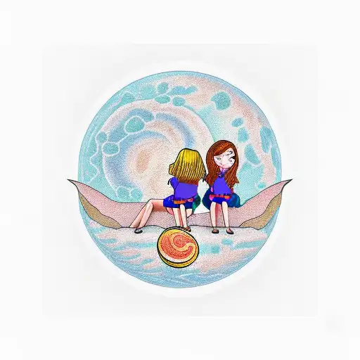 2 girls on a croissant moon tattoo design idea