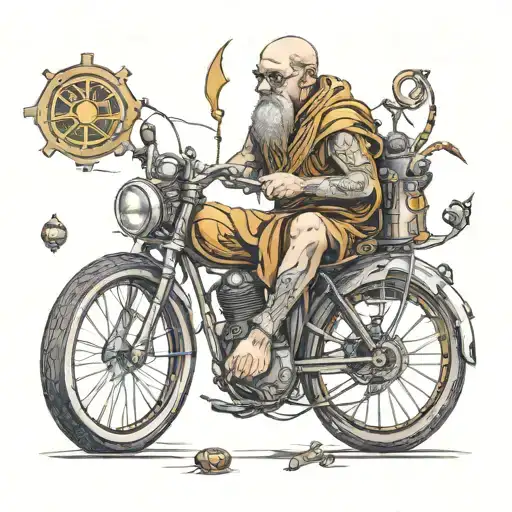 monk whit ficed gear bike and thc structure like 420 vibes tattoo design idea