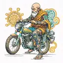monk whit ficed gear bike and thc structure like 420 vibes tattoo design idea