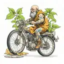 monk whit ficed gear bike and thc structure like 420 vibes tattoo design idea