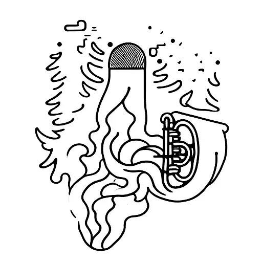A minimalist tattoo of a tattoo artist's hand holding a trumpet, with flowing rivers and waterfalls in the background tattoo design idea