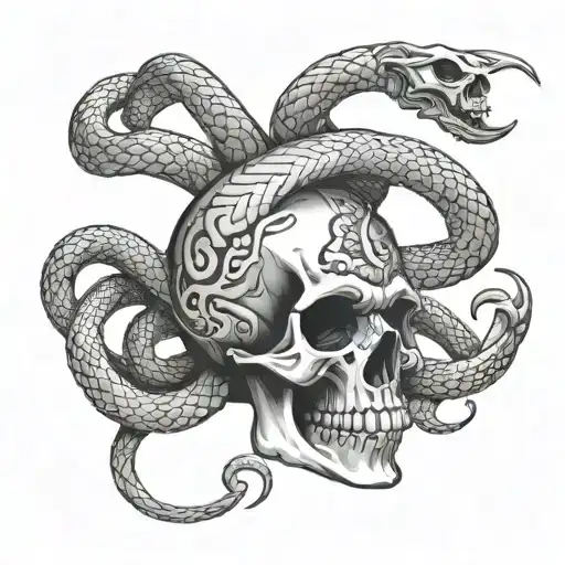skull and snake coiled around tattoo design idea
