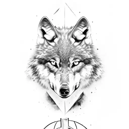 Wolf head in front of a cross tattoo design idea