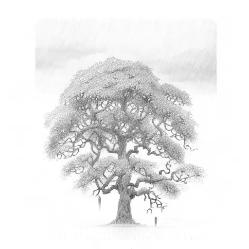 huge oak tree and heavy rain tattoo design idea