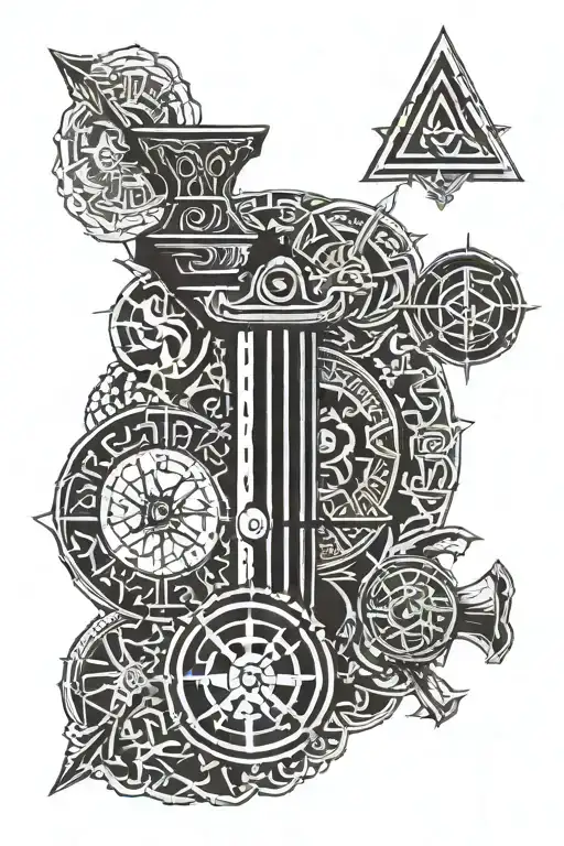 Viking symbols such as runes, a valknut, a Vegvisir compass, and a Mjölnir, Thor's hammer tattoo design idea