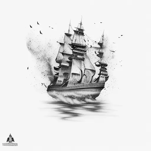 burning ship in the water tattoo design idea
