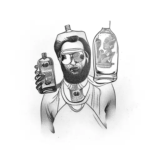words dharam in a rum bottle and girl sitting on the bottle tattoo design idea