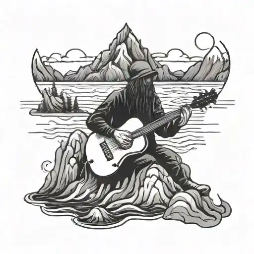 A ghostly figure playing a guitar on a mountain peak surrounded by flowing rivers tattoo design idea