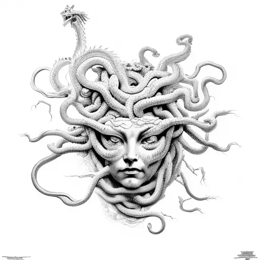 medusa face, blank eyes, cracks in face, dragons tattoo design idea
