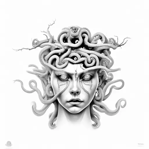 medusa face, blank eyes, cracks in face tattoo design idea