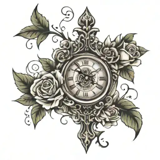 religious cross with roses and clock sleeve tattoo design idea
