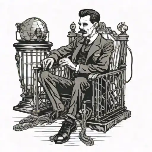 Nikola Tesla sitting by his electric cage   tattoo design idea