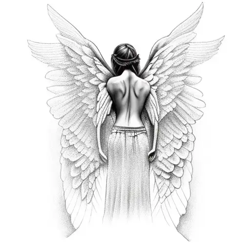 angel with big wing going down body tattoo design idea