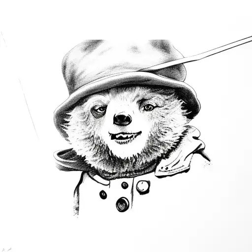 paddington bear on boat fishing in the lake black and grey  tattoo design idea