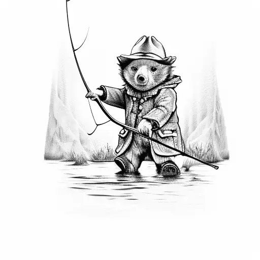 paddington bear fishing in the lake on boat black and grey sketch tattoo design idea