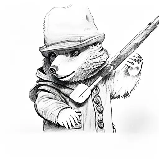 paddington bear on boat fishing in the lake black and grey  tattoo design idea