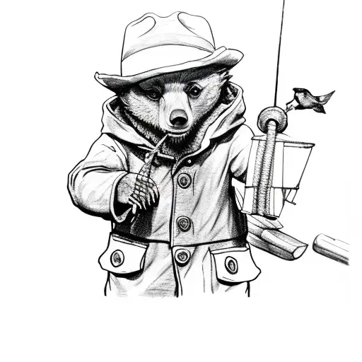 paddington bear on boat fishing in the lake black and grey  tattoo design idea