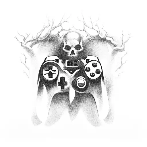 A hauntingly beautiful black and grey tattoo of a gamer character immersed in a mysterious southern gothic landscape. tattoo design idea