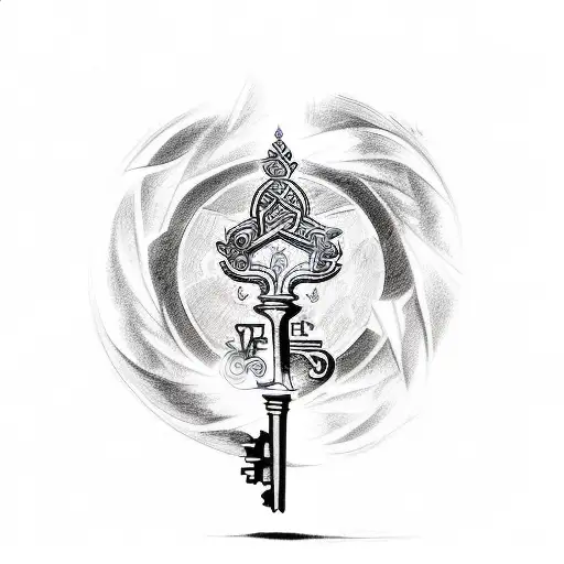 A sketch-style tattoo of a mystical key unlocking the secrets of esoteric knowledge, surrounded by enigmatic symbols. tattoo design idea